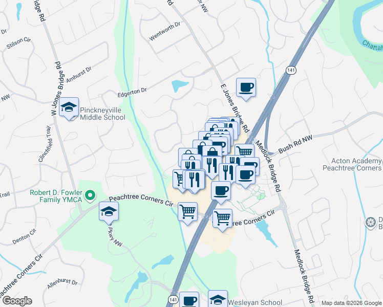 map of restaurants, bars, coffee shops, grocery stores, and more near 5200 Blue Yarrow Run Northwest in Norcross