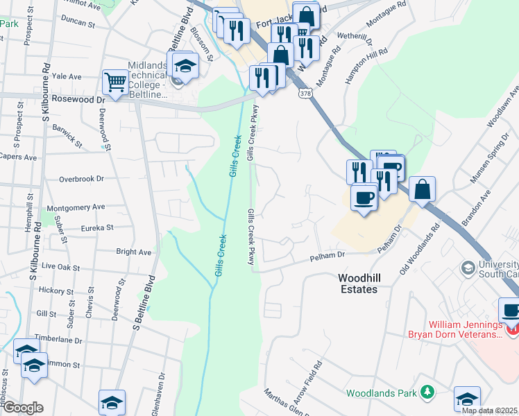 map of restaurants, bars, coffee shops, grocery stores, and more near 500 Gills Creek Parkway in Columbia