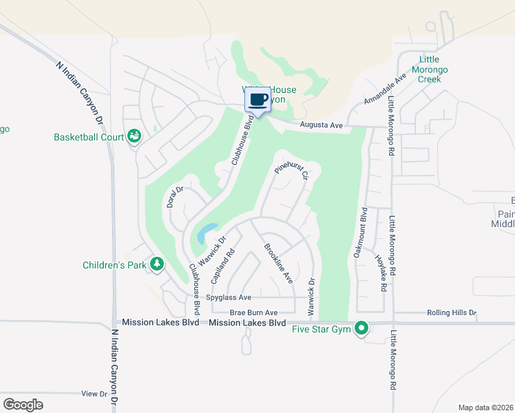 map of restaurants, bars, coffee shops, grocery stores, and more near 64446 Pinehurst Circle in Desert Hot Springs