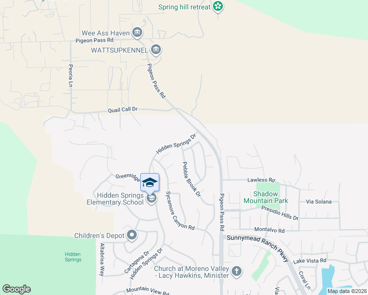 map of restaurants, bars, coffee shops, grocery stores, and more near 9517 Pebble Brook Drive in Moreno Valley