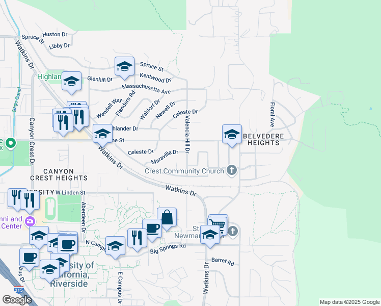 map of restaurants, bars, coffee shops, grocery stores, and more near 3336 Valencia Hill Drive in Riverside