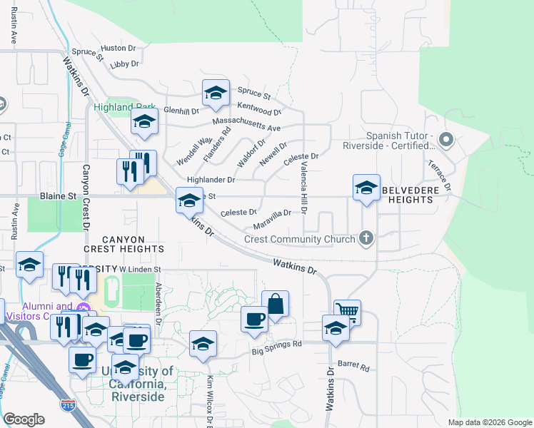 map of restaurants, bars, coffee shops, grocery stores, and more near 3321 Celeste Drive in Riverside