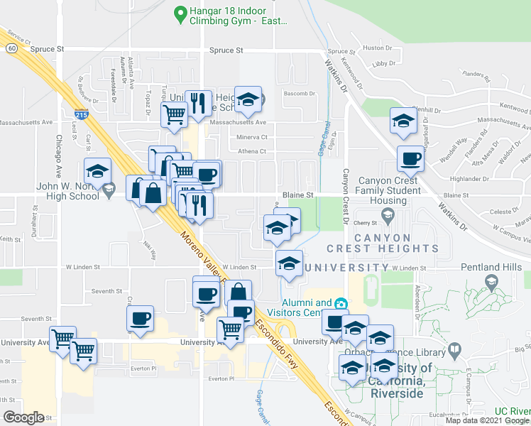 map of restaurants, bars, coffee shops, grocery stores, and more near 1130 West Blaine Street in Riverside