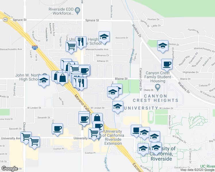 map of restaurants, bars, coffee shops, grocery stores, and more near 1130 West Blaine Street in Riverside