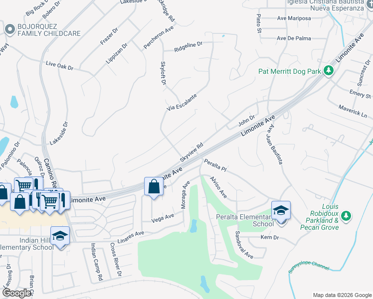 map of restaurants, bars, coffee shops, grocery stores, and more near 7218 Font Avenue in Riverside