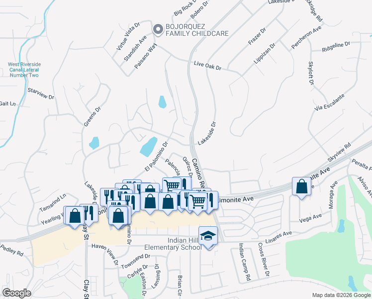 map of restaurants, bars, coffee shops, grocery stores, and more near 7799 Lakeside Drive in Riverside