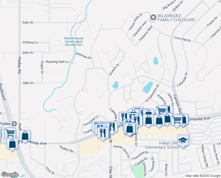 map of restaurants, bars, coffee shops, grocery stores, and more near 5820 Greens Drive in Riverside