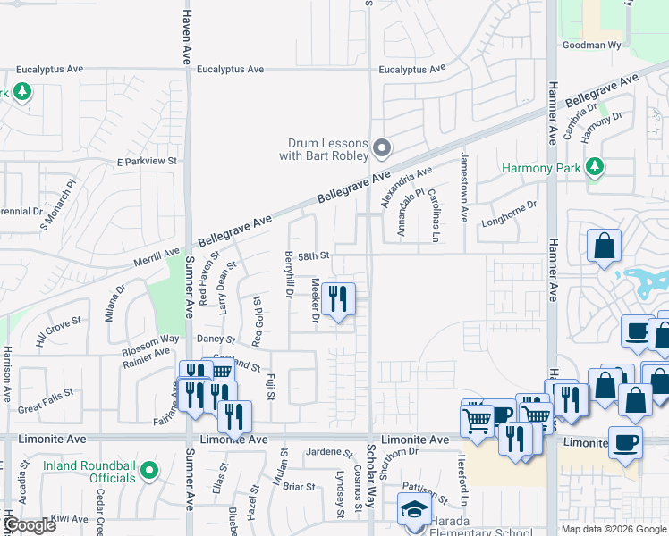 map of restaurants, bars, coffee shops, grocery stores, and more near 13068 58th Street in Eastvale