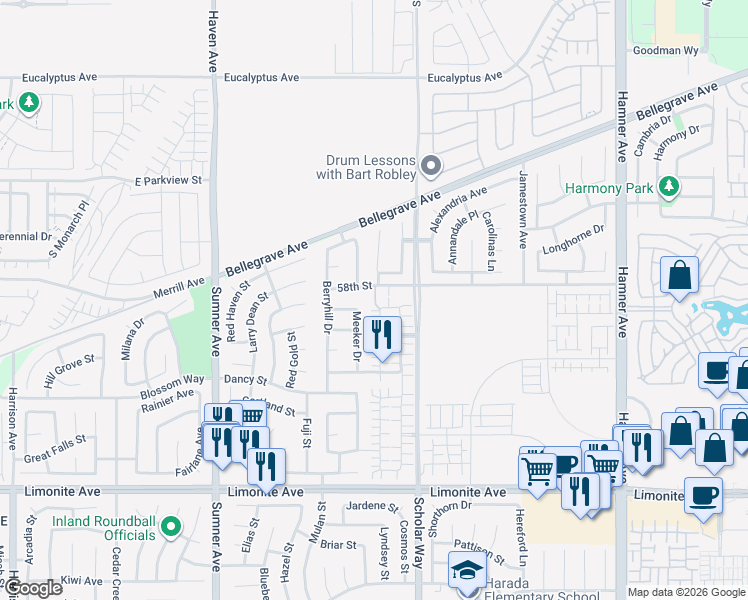 map of restaurants, bars, coffee shops, grocery stores, and more near 13068 58th Street in Eastvale