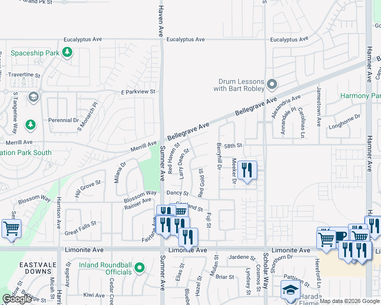 map of restaurants, bars, coffee shops, grocery stores, and more near 5772-5782 Larry Dean Street in Eastvale