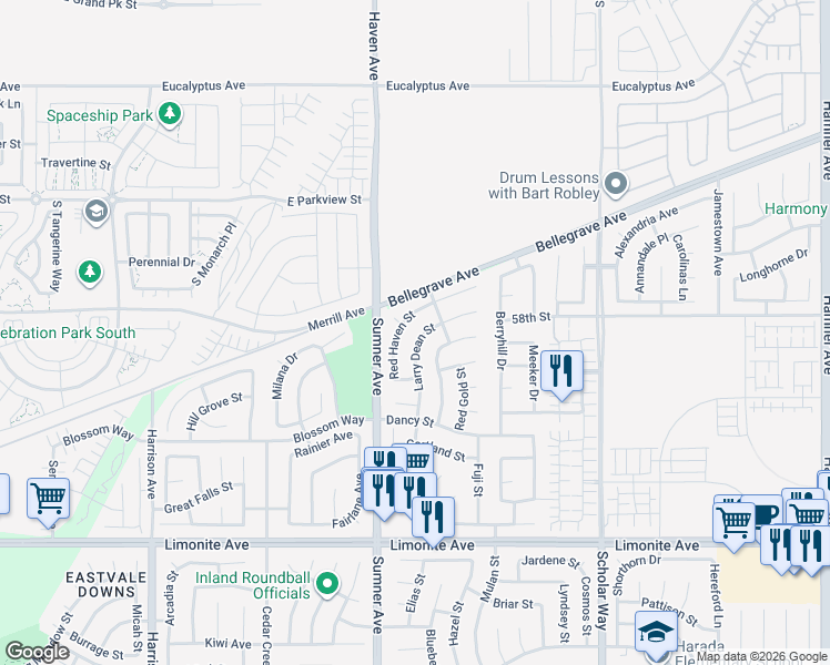 map of restaurants, bars, coffee shops, grocery stores, and more near 5840 Redhaven Street in Corona