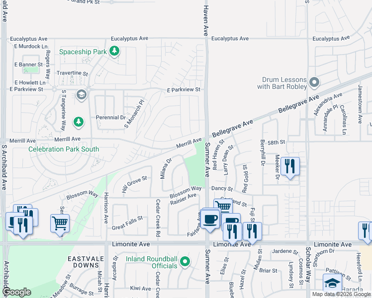 map of restaurants, bars, coffee shops, grocery stores, and more near 5811 Milana Drive in Corona