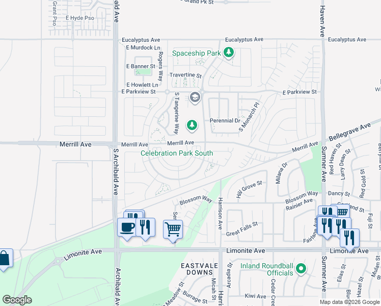 map of restaurants, bars, coffee shops, grocery stores, and more near 5006 South Centennial Circle in Ontario