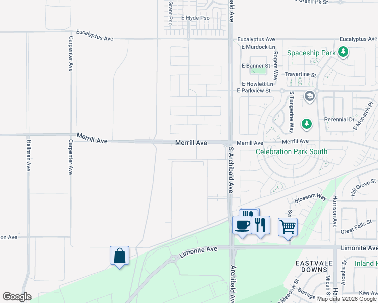 map of restaurants, bars, coffee shops, grocery stores, and more near 2510 Merrill Avenue in Ontario