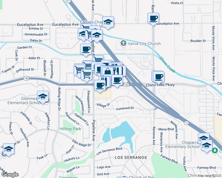 map of restaurants, bars, coffee shops, grocery stores, and more near 4242 Village Drive in Chino Hills