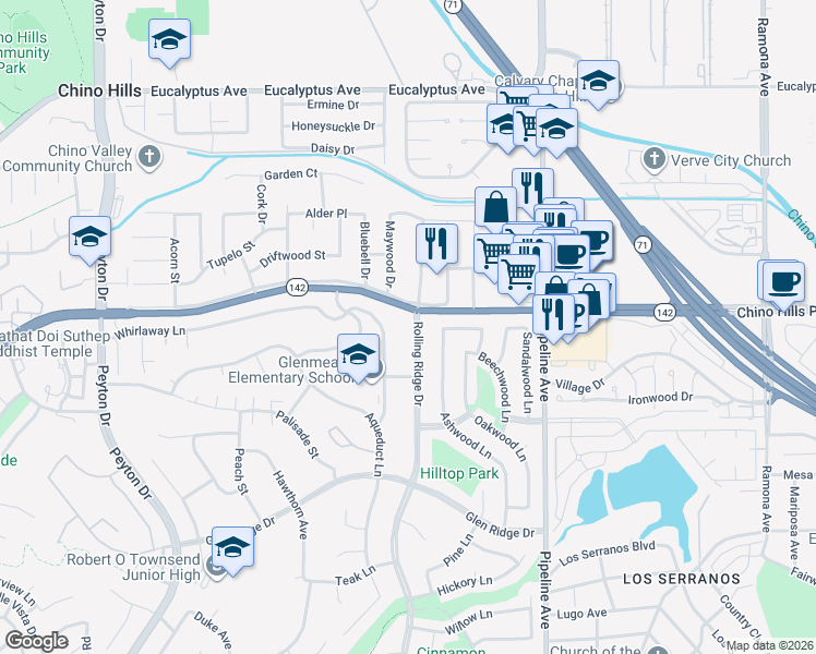 map of restaurants, bars, coffee shops, grocery stores, and more near 14911 Rolling Ridge Drive in Chino Hills