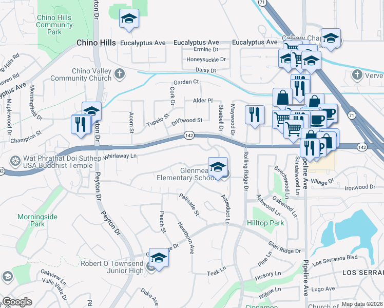 map of restaurants, bars, coffee shops, grocery stores, and more near 3661 Whirlaway Lane in Chino Hills