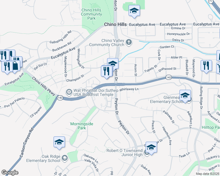 map of restaurants, bars, coffee shops, grocery stores, and more near 3278 Wembley Avenue in Chino Hills