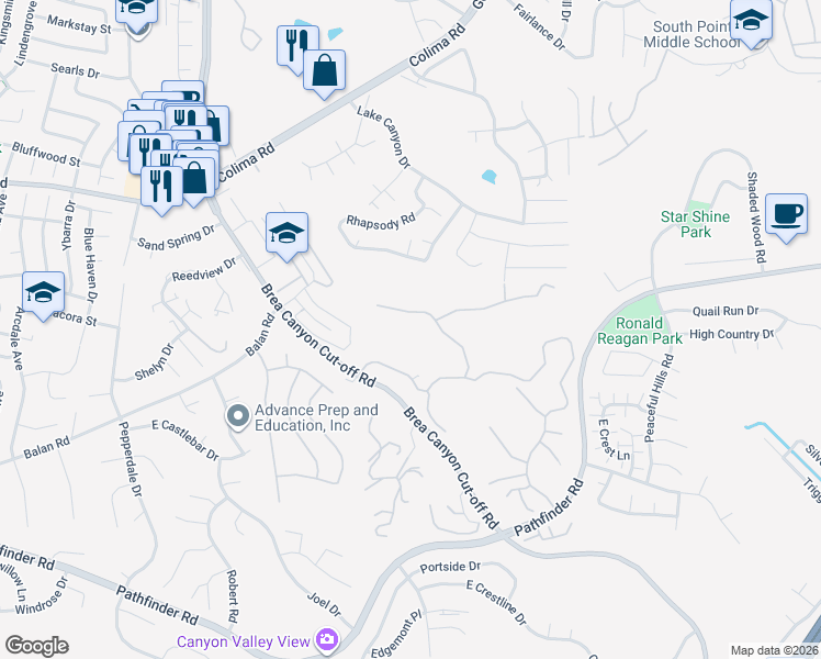 map of restaurants, bars, coffee shops, grocery stores, and more near 20330 Holcroft Drive in Walnut