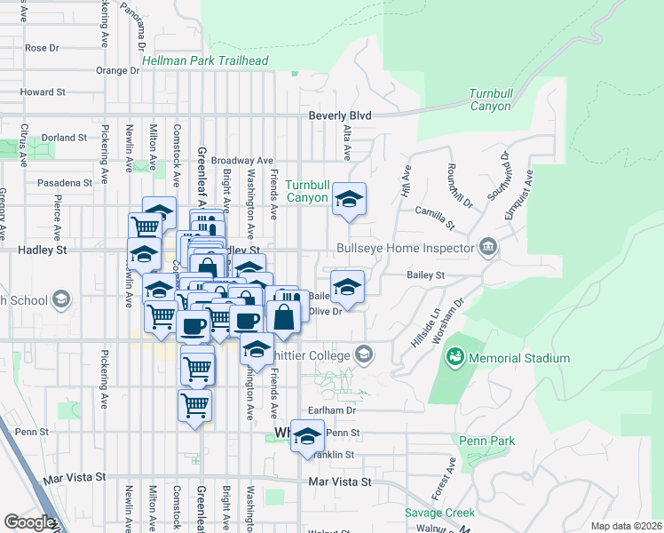 map of restaurants, bars, coffee shops, grocery stores, and more near 13460 Hadley Street in Whittier