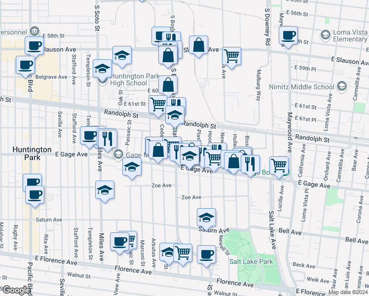 map of restaurants, bars, coffee shops, grocery stores, and more near 6300 State Street in Huntington Park