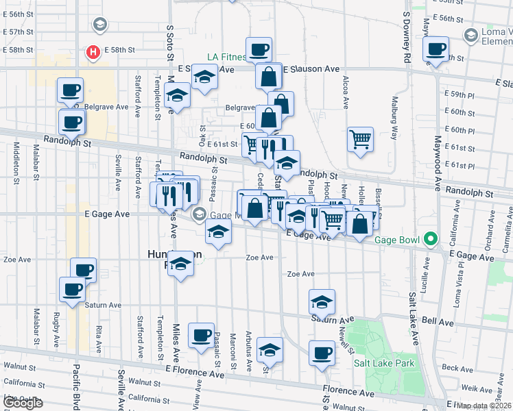 map of restaurants, bars, coffee shops, grocery stores, and more near 6322 Cedar Street in Huntington Park