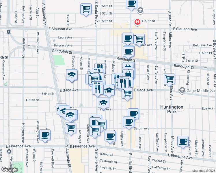 map of restaurants, bars, coffee shops, grocery stores, and more near 6336 Middleton Street in Huntington Park