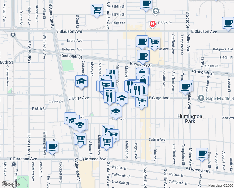 map of restaurants, bars, coffee shops, grocery stores, and more near 6336 Middleton Street in Huntington Park