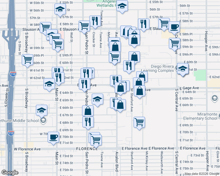 map of restaurants, bars, coffee shops, grocery stores, and more near 507 East Gage Avenue in Los Angeles