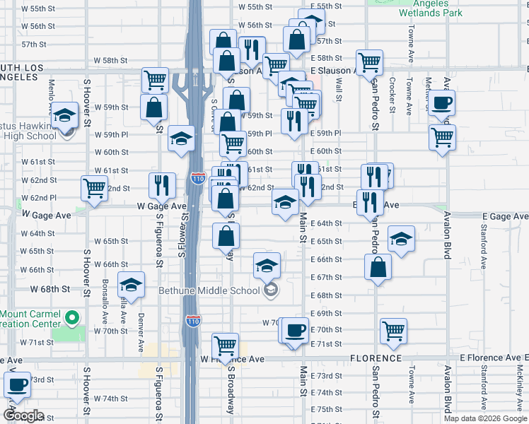 map of restaurants, bars, coffee shops, grocery stores, and more near 209 West Gage Avenue in Los Angeles
