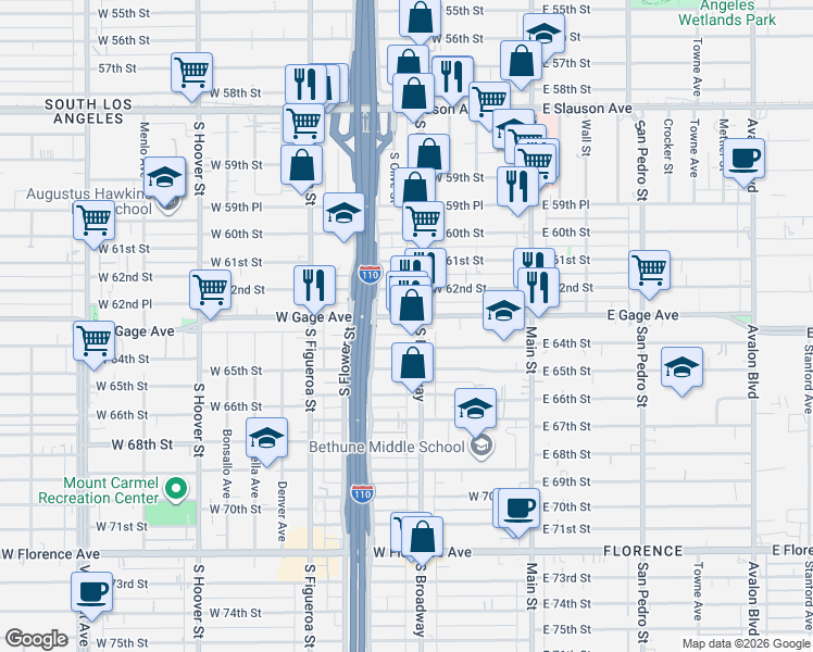 map of restaurants, bars, coffee shops, grocery stores, and more near 329 West Gage Avenue in Los Angeles