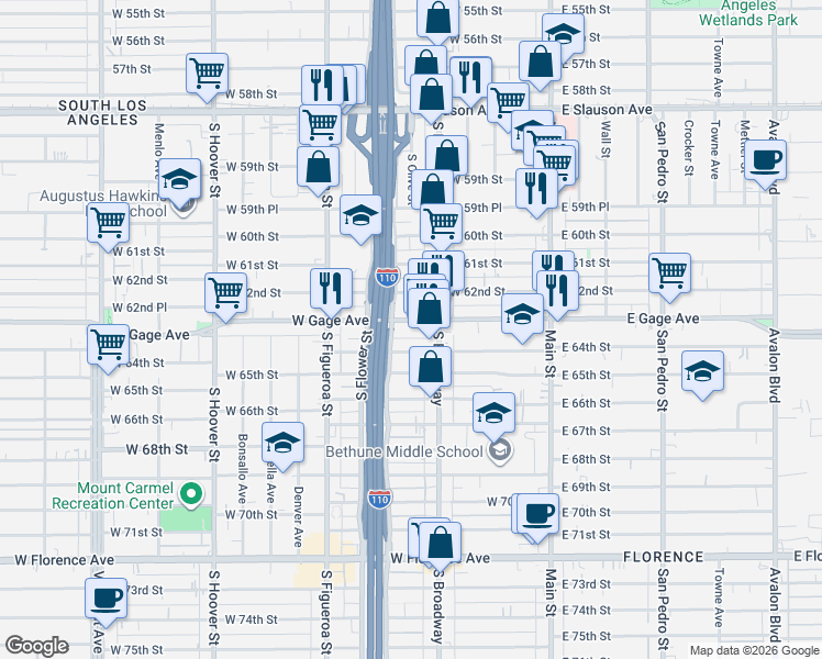 map of restaurants, bars, coffee shops, grocery stores, and more near 329 West Gage Avenue in Los Angeles