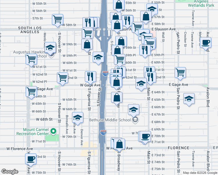 map of restaurants, bars, coffee shops, grocery stores, and more near 329 West Gage Avenue in Los Angeles