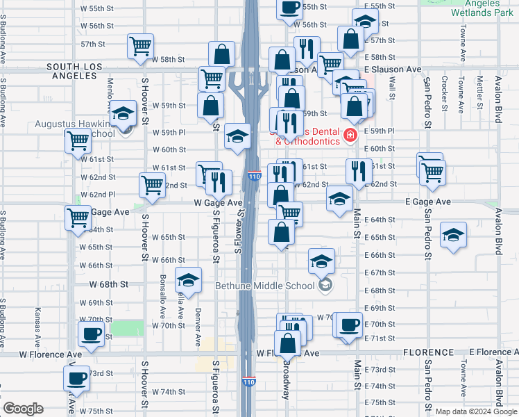 map of restaurants, bars, coffee shops, grocery stores, and more near 329 West Gage Avenue in Los Angeles