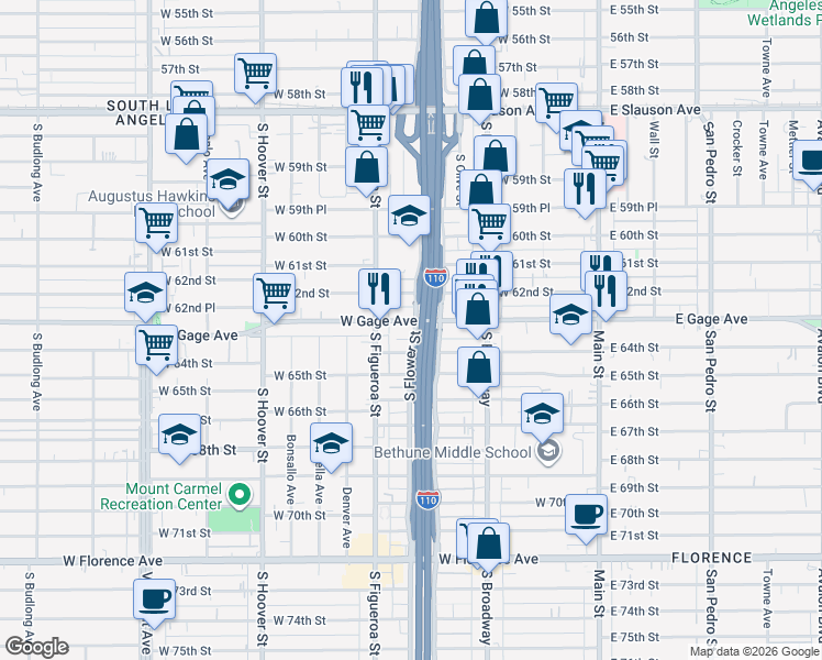 map of restaurants, bars, coffee shops, grocery stores, and more near 419 West Gage Avenue in Los Angeles
