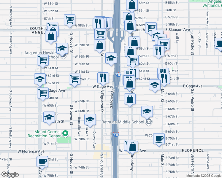 map of restaurants, bars, coffee shops, grocery stores, and more near 419 West Gage Avenue in Los Angeles