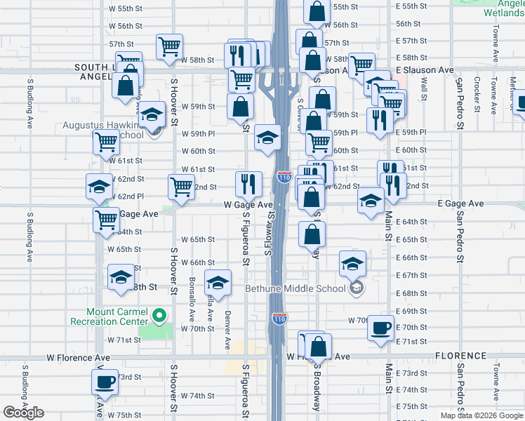 map of restaurants, bars, coffee shops, grocery stores, and more near 419 West Gage Avenue in Los Angeles