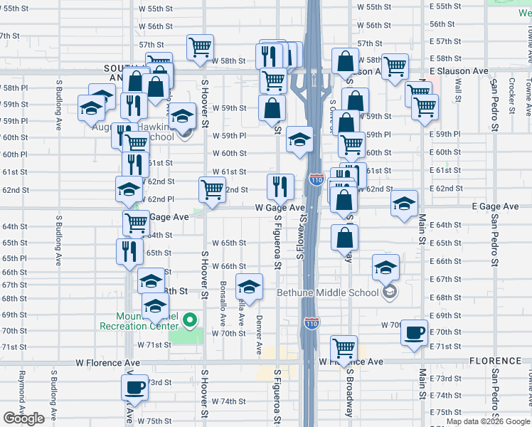 map of restaurants, bars, coffee shops, grocery stores, and more near 603 West Gage Avenue in Los Angeles