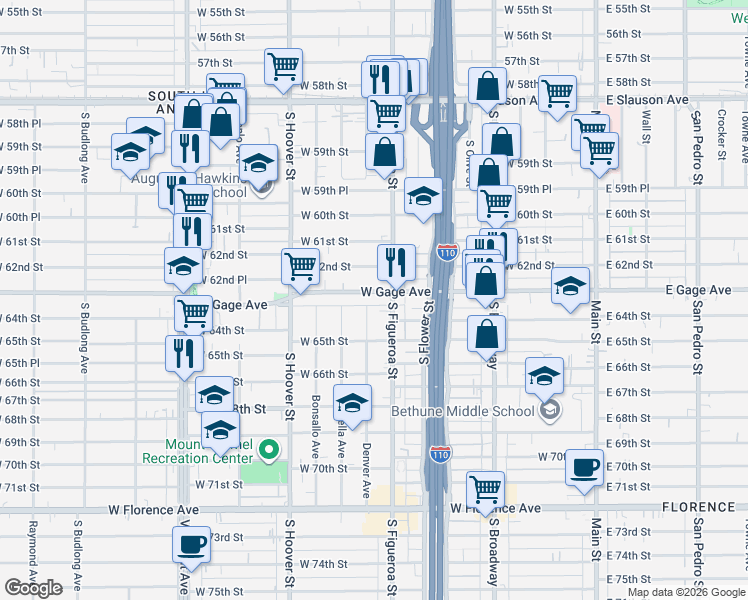 map of restaurants, bars, coffee shops, grocery stores, and more near 603 West Gage Avenue in Los Angeles