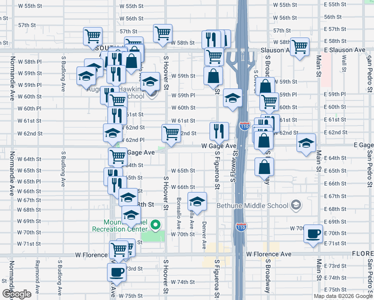 map of restaurants, bars, coffee shops, grocery stores, and more near 667 West Gage Avenue in Los Angeles