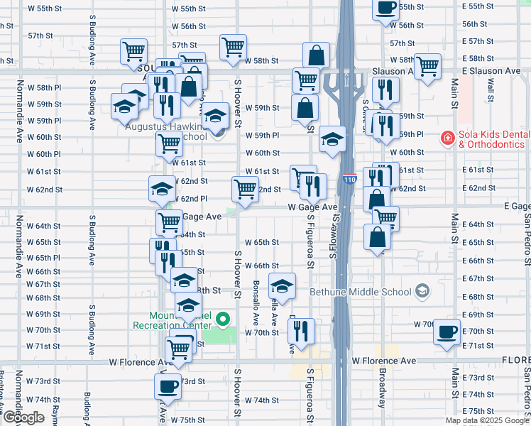 map of restaurants, bars, coffee shops, grocery stores, and more near 667 West Gage Avenue in Los Angeles