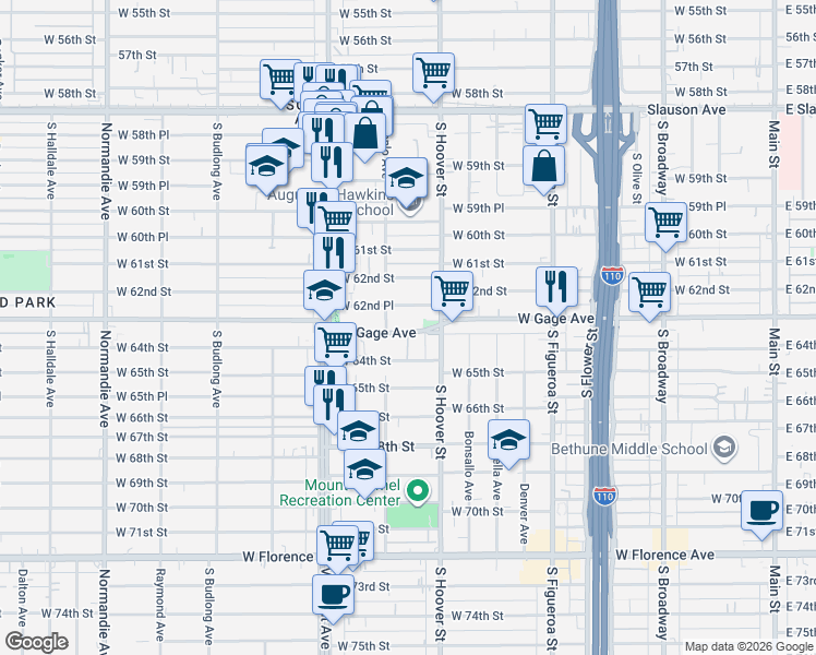 map of restaurants, bars, coffee shops, grocery stores, and more near 840 West 62nd Place in Los Angeles