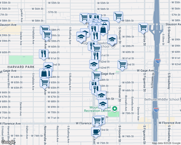 map of restaurants, bars, coffee shops, grocery stores, and more near 1043 West Gage Avenue in Los Angeles