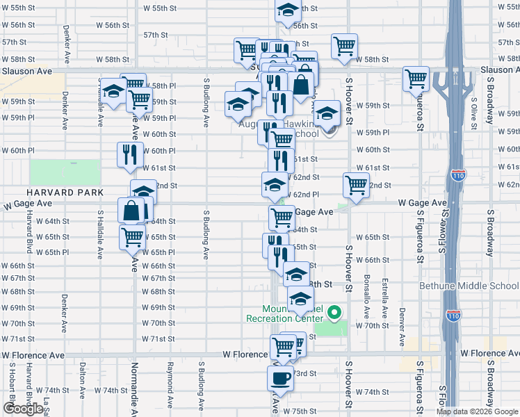 map of restaurants, bars, coffee shops, grocery stores, and more near 1043 West Gage Avenue in Los Angeles