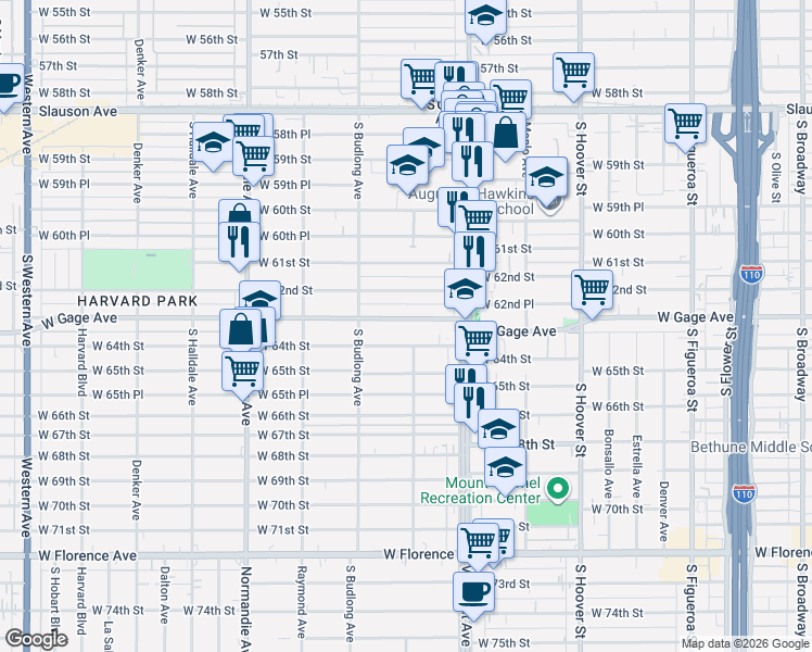 map of restaurants, bars, coffee shops, grocery stores, and more near 1111 West Gage Avenue in Los Angeles
