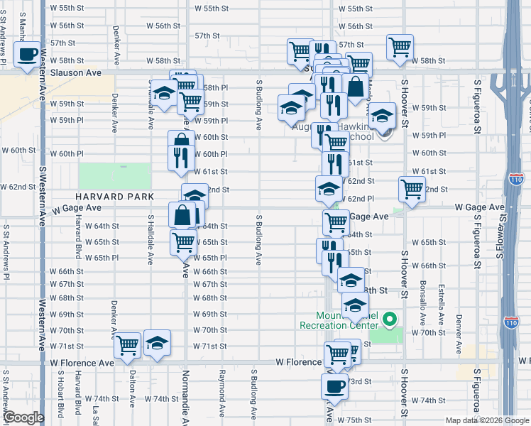 map of restaurants, bars, coffee shops, grocery stores, and more near 1201 West Gage Avenue in Los Angeles