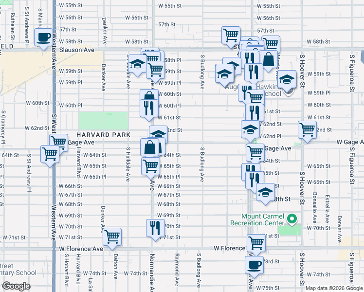 map of restaurants, bars, coffee shops, grocery stores, and more near 1249 West Gage Avenue in Los Angeles