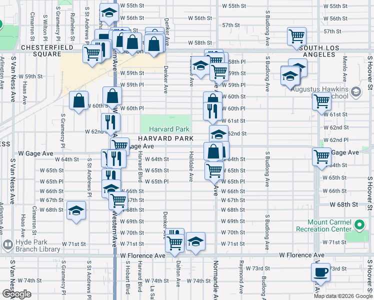map of restaurants, bars, coffee shops, grocery stores, and more near 1535 West Gage Avenue in Los Angeles