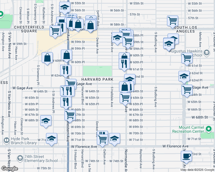 map of restaurants, bars, coffee shops, grocery stores, and more near 1535 West Gage Avenue in Los Angeles