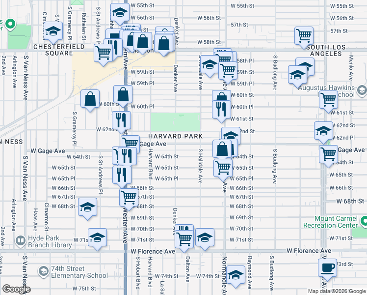 map of restaurants, bars, coffee shops, grocery stores, and more near 1535 West Gage Avenue in Los Angeles